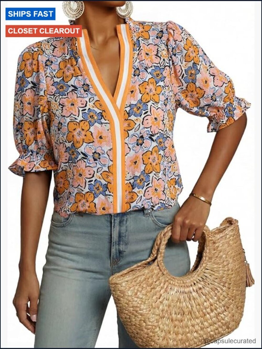 Boho Floral Ruffle V-Neck Puff Sleeve Blouse Top